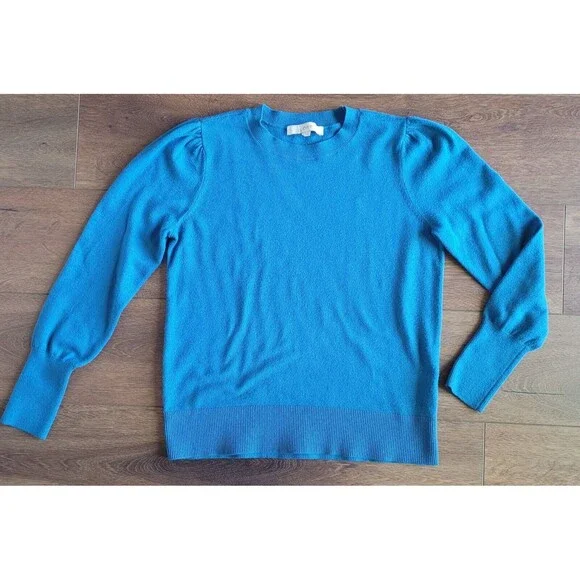 Loft Sweater Medium Teal Puff Sleeve Solid Round Neck Long Sleeve Soft 593282 - Picture 11 of 16
